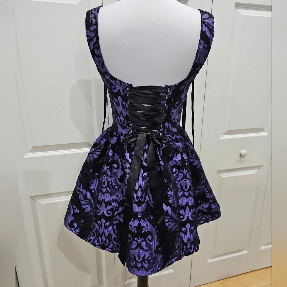 ~SOLD~ Dolls Kill Goth Widow Sultry Sins Black Purple Brocade Corset Dress XS - Picture 6 of 12